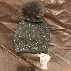 Fur Top crystal pearl knit winter hat grey